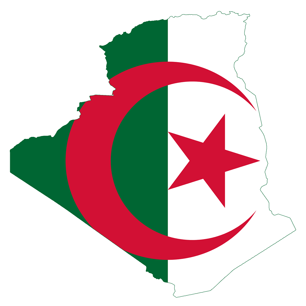 Flag of Algeria superimposed on the outline map of the country.