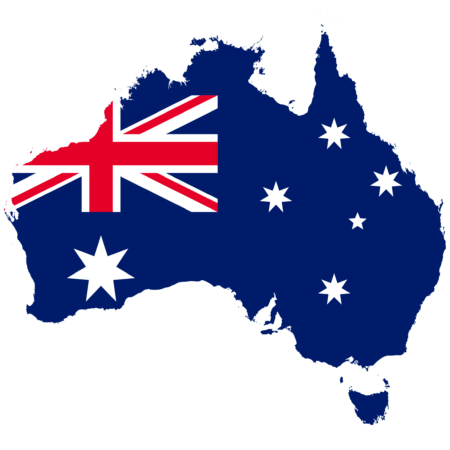 Map of Australia with the Australian flag superimposed on it.