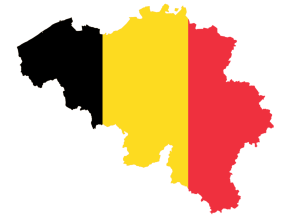 A graphic map of Belgium colored with the black, yellow, and red of the national flag.