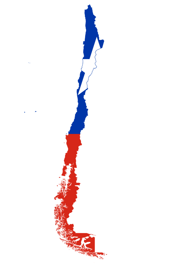 Flag map of Chile with the top half in blue and the bottom half in red.