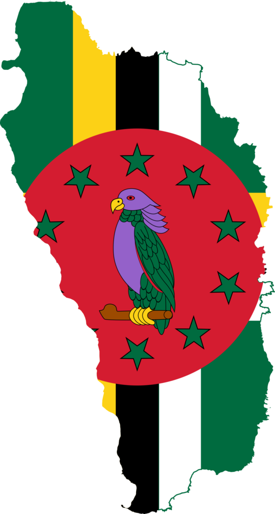 Flag map of Dominica with the national flag overlaying the country's outline.