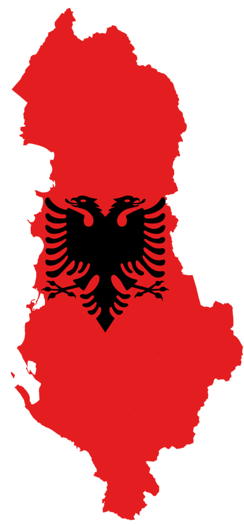 Flag map of Albania with the country's territory in red featuring a black double-headed eagle in the center.