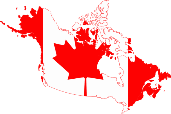 Flag map of Canada with the country's outline filled with the Canadian flag.