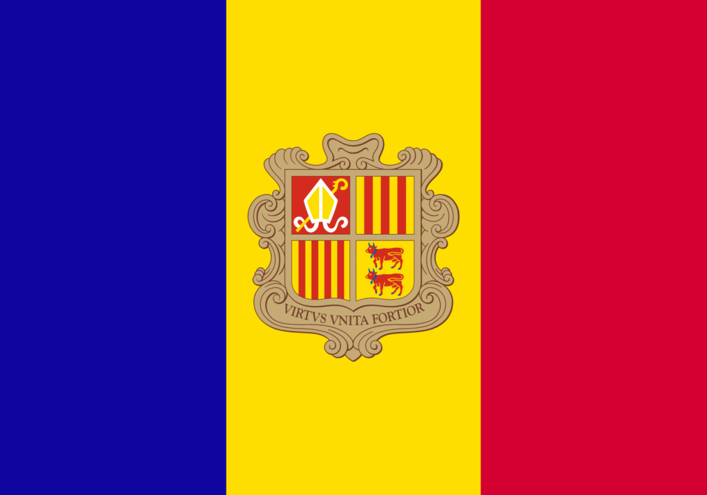 Flag of Andorra with vertical stripes in blue, yellow, and red, featuring the national coat of arms in the center.