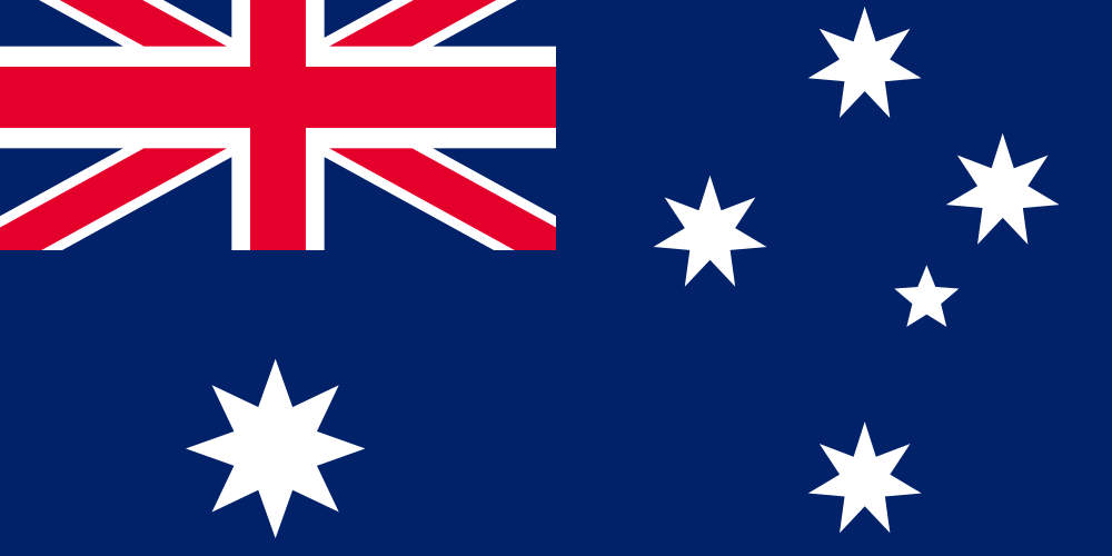 Flag of Australia with a blue field featuring the Union Jack in the upper hoist quarter and a large white seven-pointed star known as the Commonwealth Star below it; the fly half displays a representation of the Southern Cross constellation with one small five-pointed star and four larger seven-pointed stars.