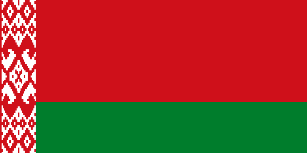 Flag of Belarus with a red upper band, a green lower band, and a traditional red and white Belarusian ornamental pattern on the hoist side.