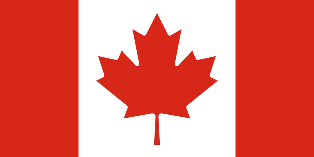 Flag of Canada with a red maple leaf centered between two vertical red bands on a white background.