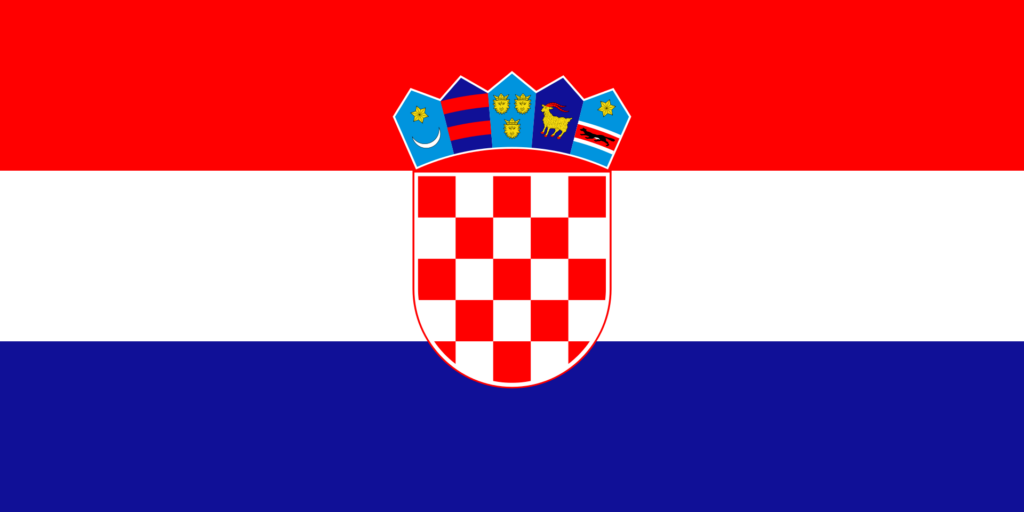 Flag of Croatia with horizontal stripes in red, white, and blue, and the national coat of arms in the center.