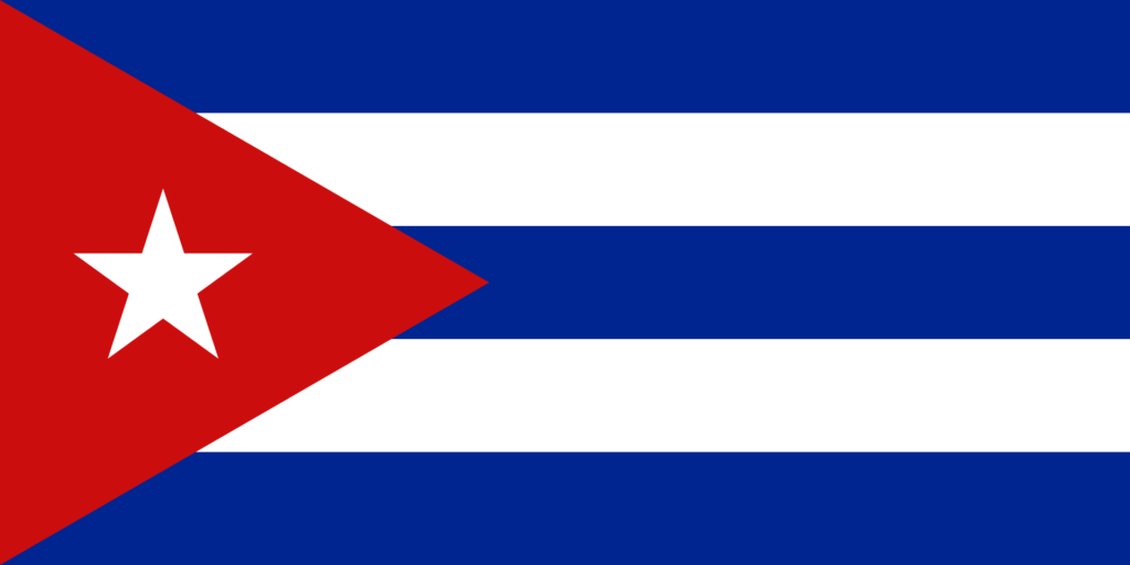 Flag of Cuba with five horizontal stripes and a red triangle on the left featuring a white star.