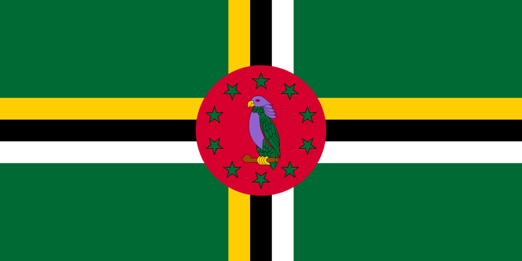 Flag of Dominica with a green field, a centered cross with three bands, and a red disk bearing a Sisserou Parrot encircled by ten green stars.