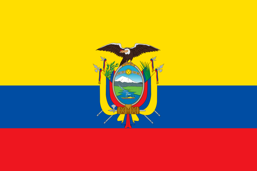 Flag of Ecuador with horizontal yellow, blue, and red stripes and the national coat of arms in the center.