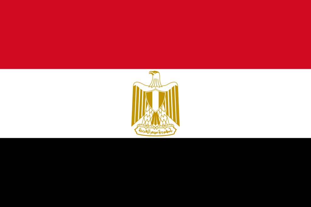 Flag of Egypt with horizontal stripes in red, white, and black, featuring the Egyptian eagle of Saladin in the center.