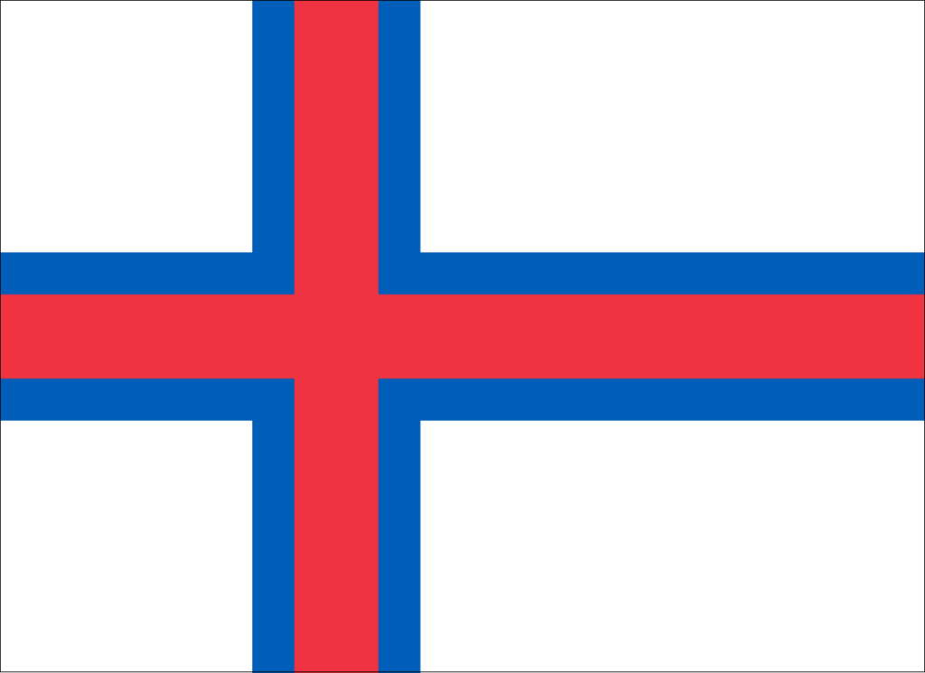 Flag of the Faroe Islands with a white field, a red Nordic cross fimbriated in blue.