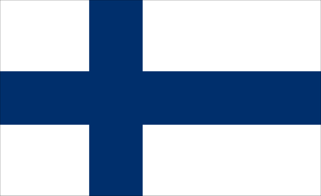 Flag of Finland with a blue Nordic cross on a white background.