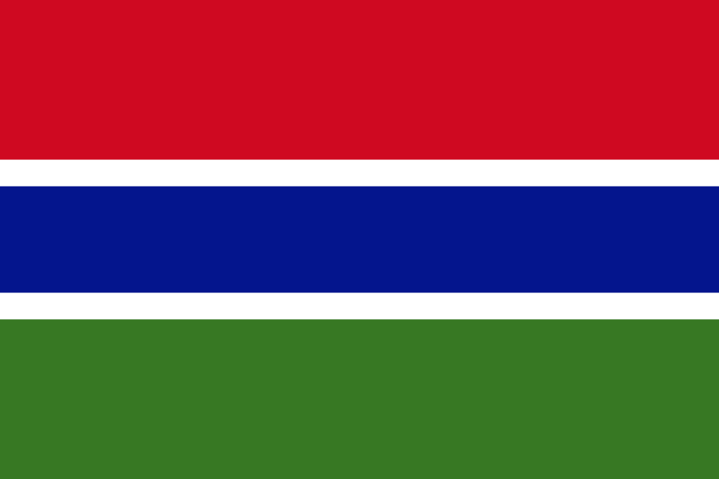 Flag of The Gambia with horizontal stripes of red, blue, and green separated by thin white lines.