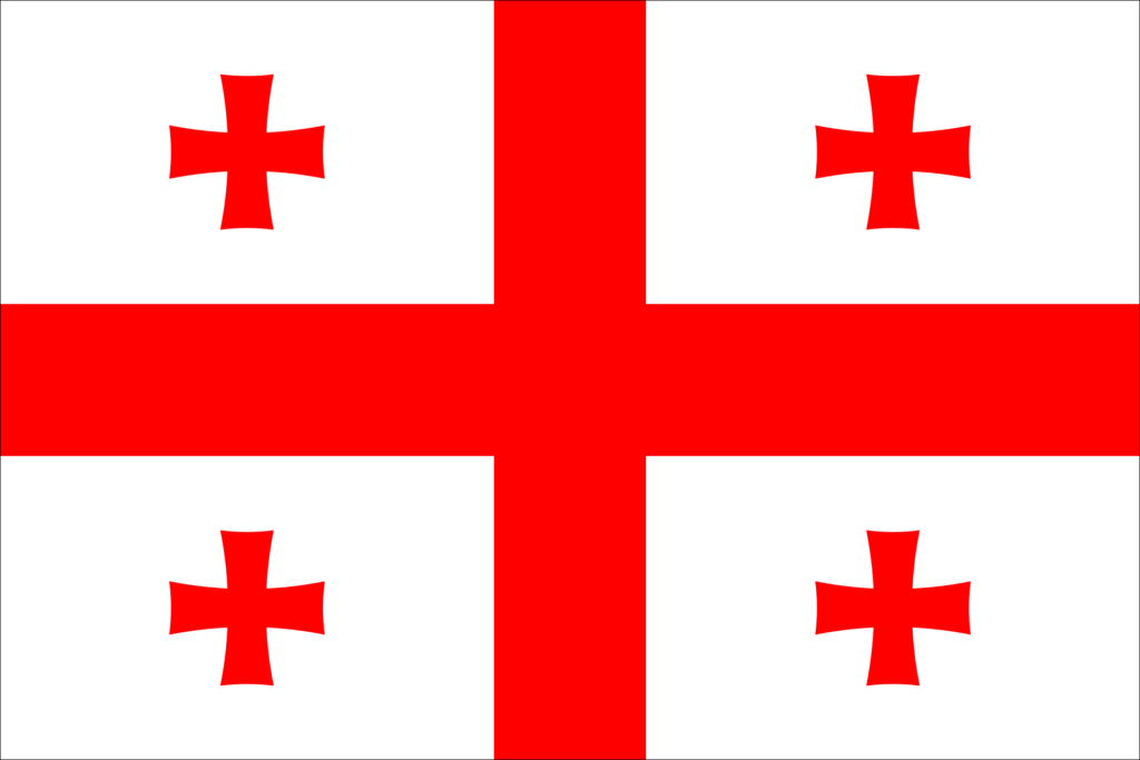 Flag of Georgia featuring a white field with a large red cross and four smaller red crosses in each quadrant.