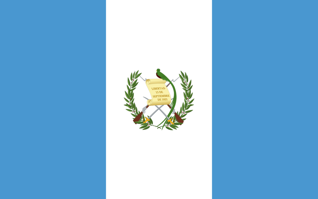 Flag of Guatemala with two blue vertical stripes on the sides and a white stripe with the national emblem in the center.