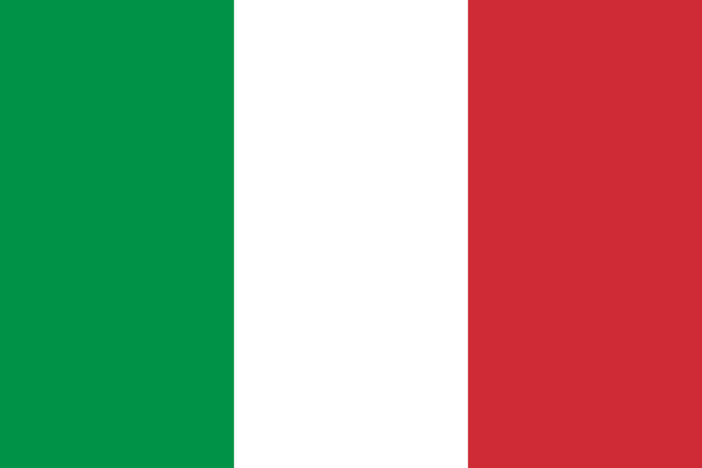 Flag of Italy with vertical stripes in green, white, and red.