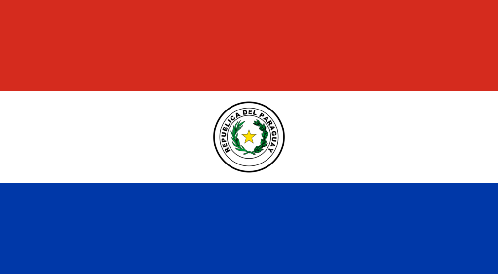 Flag of Paraguay with horizontal stripes in red, white, and blue, featuring the national coat of arms in the center.