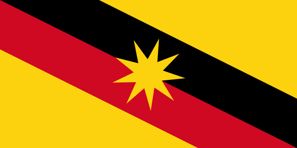 Flag of Sarawak with a yellow field, black and red diagonals, and a nine-pointed star.