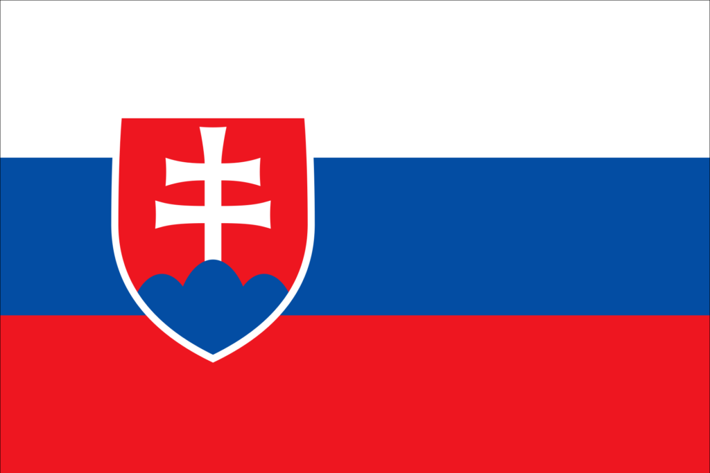 Flag of Slovakia consisting of three horizontal stripes in white, blue, and red, with the national coat of arms on the left side.