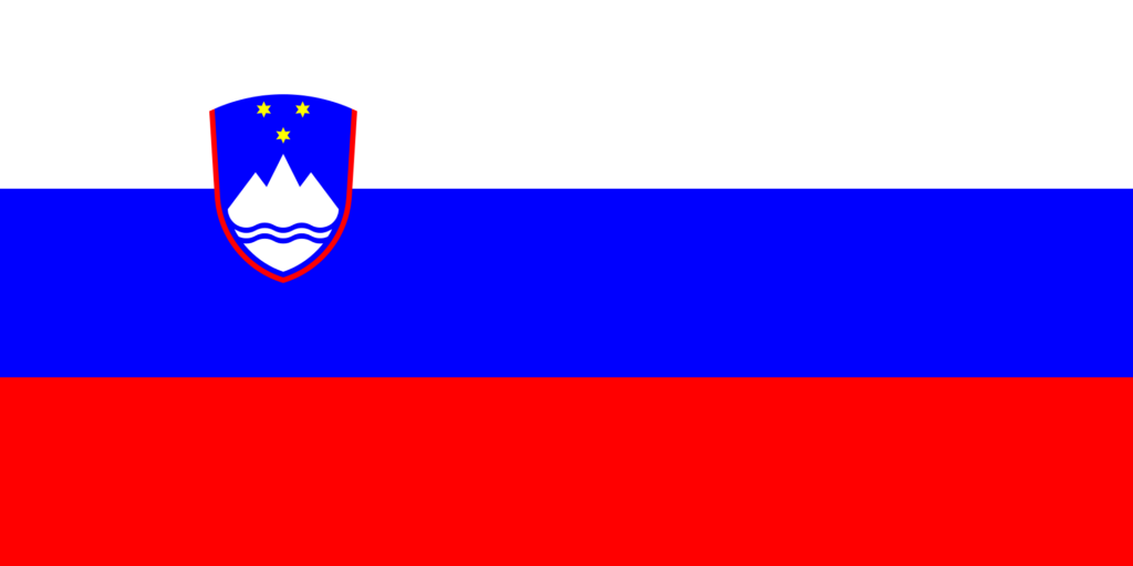 Flag of Slovenia with three horizontal stripes - white on the top, blue in the middle, red on the bottom, and the Slovenian coat of arms on the left side.