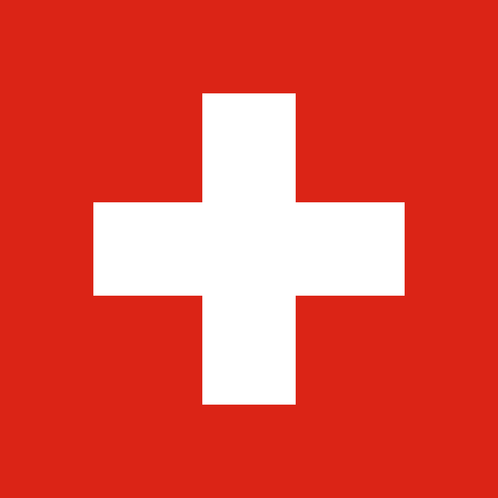 Flag of Switzerland with a white cross in the center and a red background.