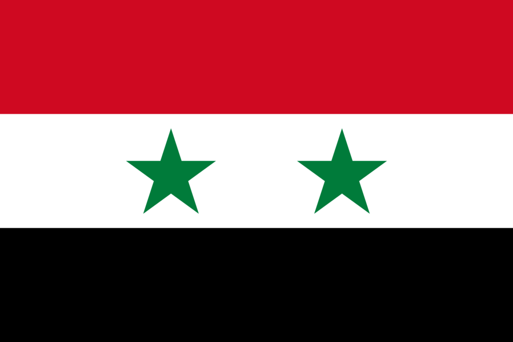 Flag of Syria with two green stars centered on the white band, flanked by red and black stripes.