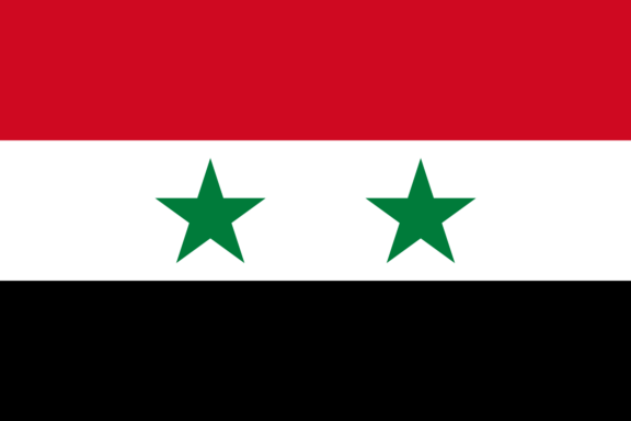 Flag of Syria with two green stars centered on the white band, flanked by red and black stripes.