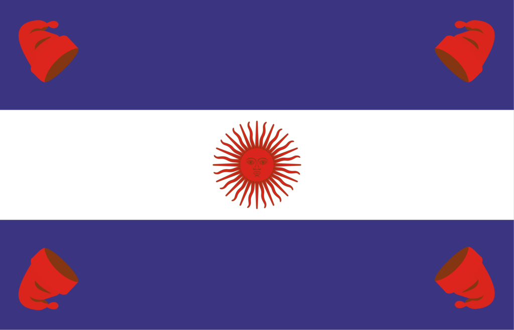 Flag of the Argentine Confederation with a white horizontal band between two blue bands and a red sun with facial features in the center.