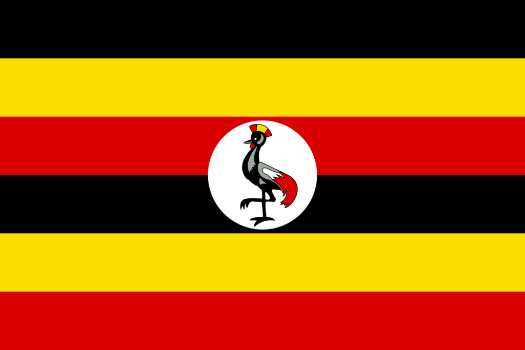 Flag of Uganda with six horizontal stripes of black, yellow, and red, and a central white circle featuring a grey crowned crane with one leg raised.