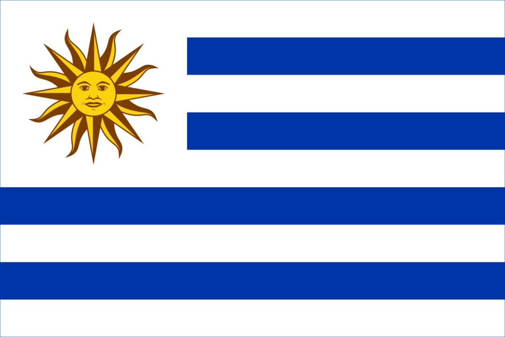 Flag of Uruguay with horizontal stripes in white and blue and a golden Sun of May in the canton.