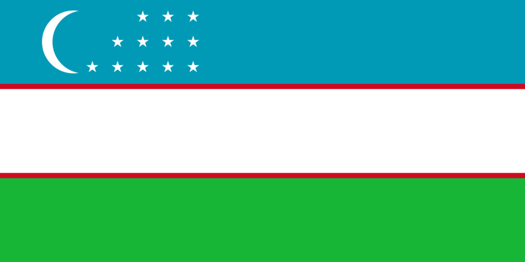 Flag of Uzbekistan featuring horizontal stripes of blue, white, green, and thin red lines with a crescent moon and twelve stars on the left side.