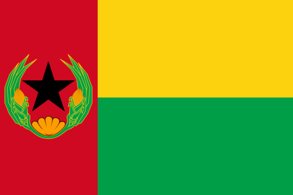 Flag of Cape Verde with horizontal bands of yellow and green and a vertical red stripe with a black star surrounded by a wreath on the left side.