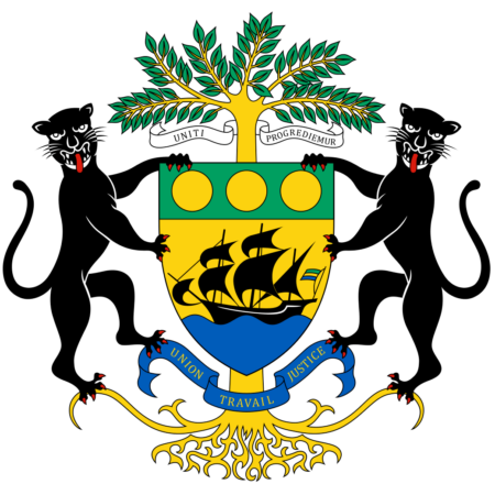 Coat of arms of Gabon featuring a shield with a ship, two panthers as supporters, and a banner with the national motto.