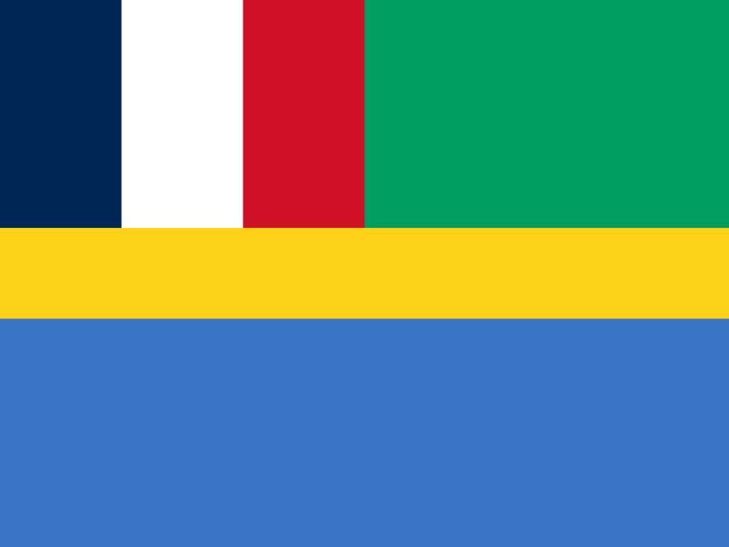 Historical flag of Gabon with vertical stripes in blue, white, green, and a horizontal yellow stripe.