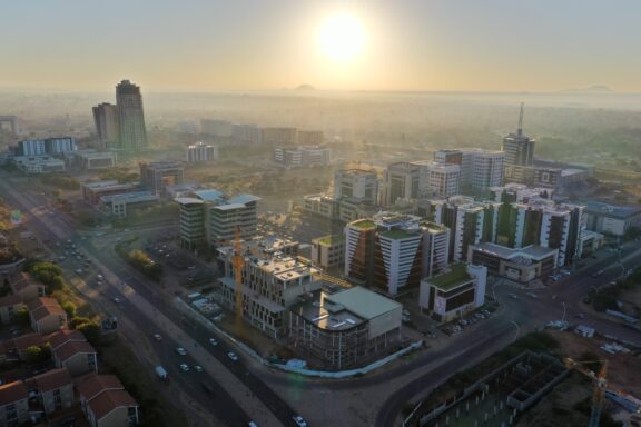 Sunrise Over Gaborone Central Business District in Botswana, Africa An aerial view of Gaborone, Botswana just before sunset.