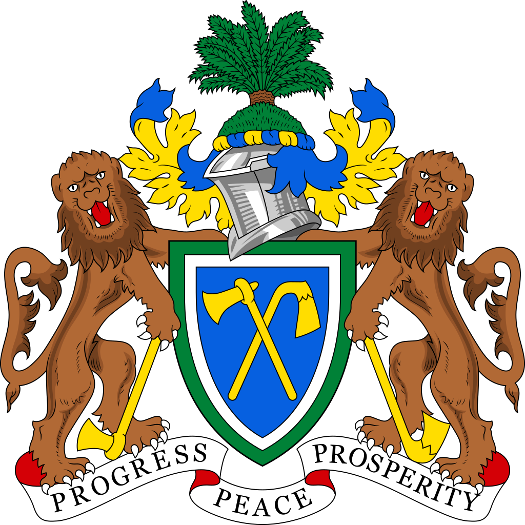 Coat of arms of Gambia featuring two lions, a shield with axes, a palm tree, and a banner with the words "Progress Peace Prosperity".