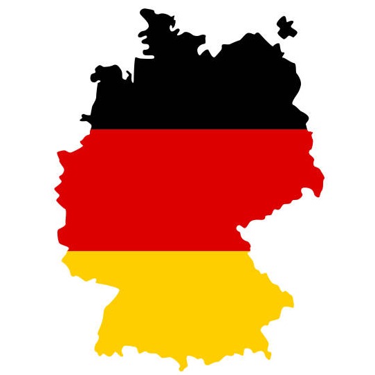 Map of Germany colored with the German flag, black, red, and gold horizontal stripes.