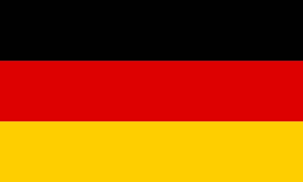 Flag of Germany with three horizontal stripes in black, red, and gold.