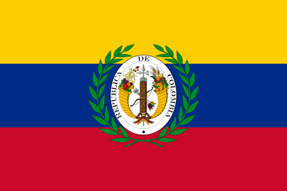 Flag of Gran Colombia with horizontal yellow, blue, and red stripes and a central coat of arms encircled by a laurel wreath.