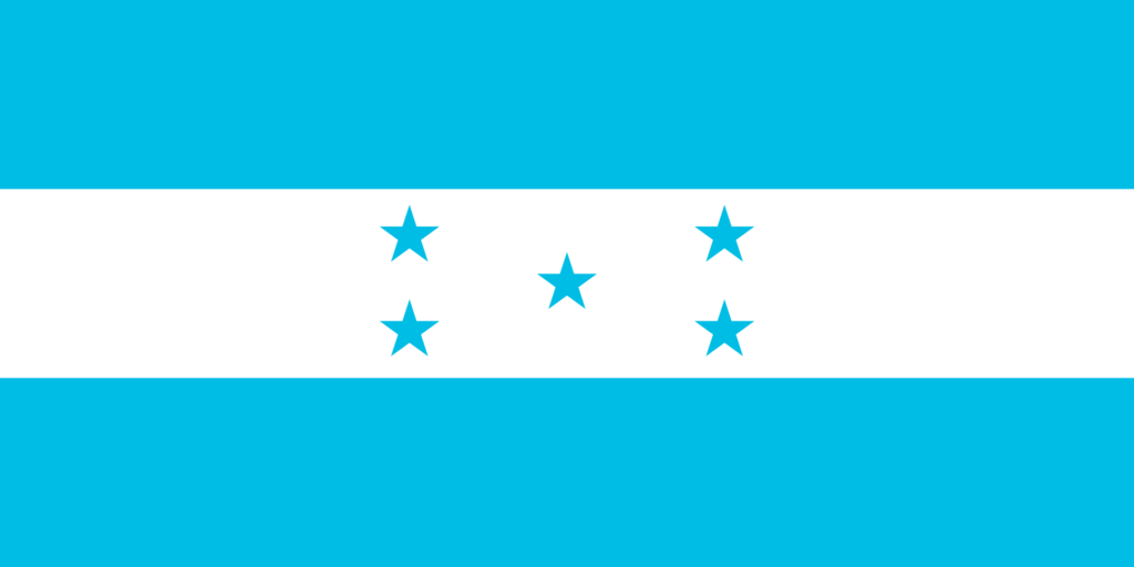 Flag of Honduras with two blue horizontal stripes and a white stripe in the middle bearing five blue stars.