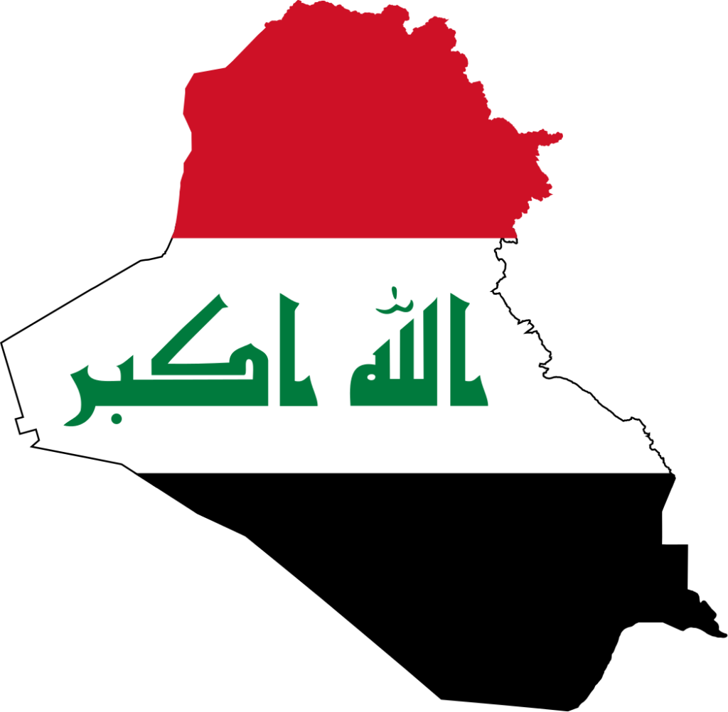 Map of Iraq in the colors of the Iraqi flag with red, white, black, and green sections including Arabic text.