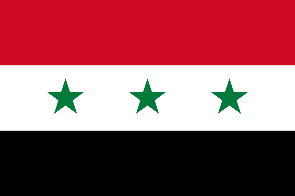 Historical flag of Iraq with three green stars on a white stripe, flanked by red and black stripes.