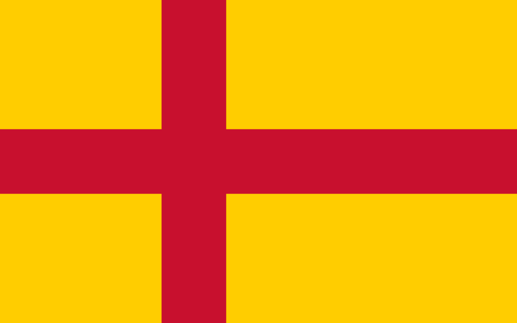 A flag with a yellow field and a red Scandinavian cross.