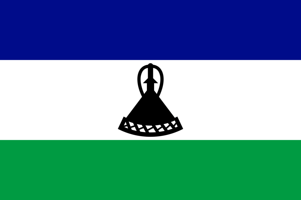 Flag of Lesotho featuring a horizontal blue stripe on top, a white stripe with a black mokorotlo (a Basotho hat) in the center, and a green stripe at the bottom.