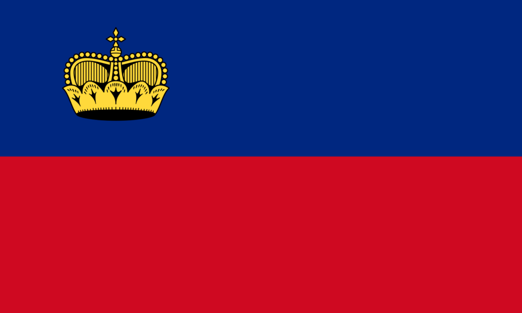 Flag of Liechtenstein with two horizontal bands of blue on the top and red on the bottom with a gold crown in the upper left corner.