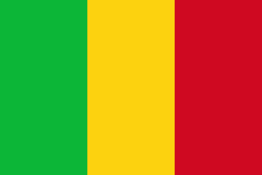 Flag of Mali consisting of three equal vertical stripes of green, yellow, and red from left to right.