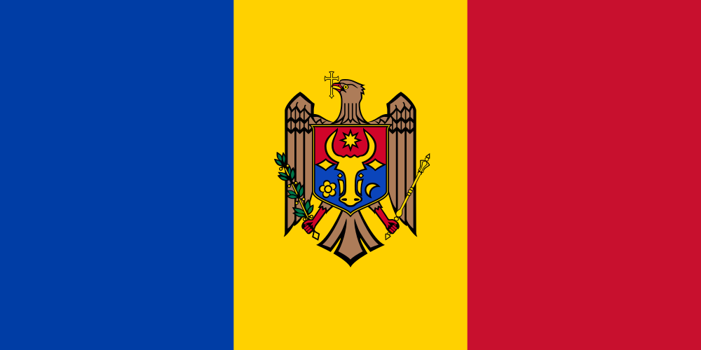 Flag of Moldova with vertical tricolor of blue, yellow, and red, featuring the national coat of arms in the center.