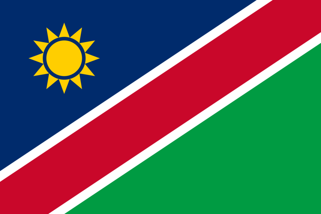 Flag of Namibia with blue, red, and green stripes and a yellow sun in the top left corner.